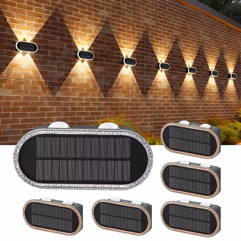 Lampade da parete per esterni, set da 6, design moderno, colore nero, tecnologia LED, alimentazione solare, impermeabili