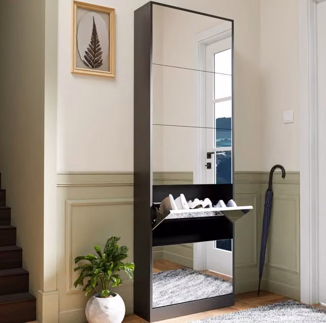 Armadio Moderno Porta Scarpe con Specchio a Figura Intera, Scarpiera in Legno con 5 Cassetti Ribaltabili, Nero