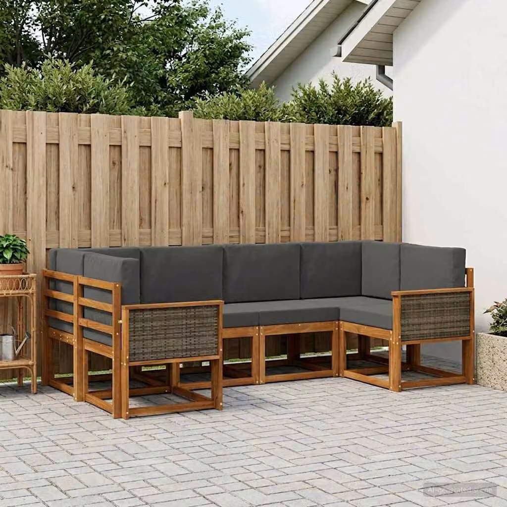 Set di divani da esterno vidaXL a forma di L in legno di acacia con cuscini, 6 pezzi, Marrone e Antracite