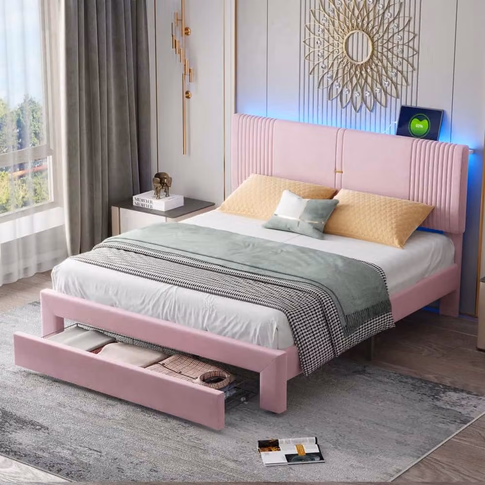 Letti imbottiti AIORBER, 160 x 200 cm, con illuminazione LED e USB, ampio cassetto, rivestimento in velluto, robusta struttura in metallo, letto matrimoniale, rosa