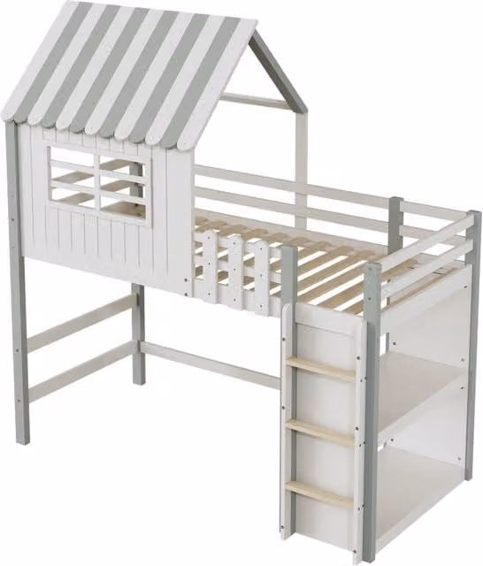 Letto a soppalco Tynqer per bambini in legno massello verde e bianco con scala, barriera e ripiano laterale, L/P/H: 200 x 90 x 218,5 cm – 1