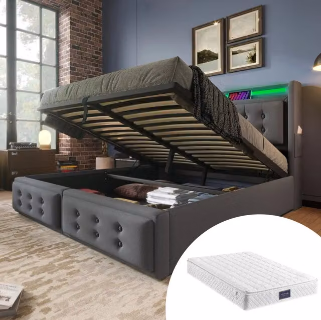 Letto imbottito 160x200 cm con contenitore, LED, prese USB e USB-C, materasso H3 grigio