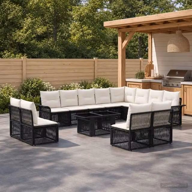 Set Divano da Giardino a L con Tavolino vidaXL, 13 Pezzi, Nero e Bianco Crema, Polyrattan e Metallo con Cuscini Inclusi – 1