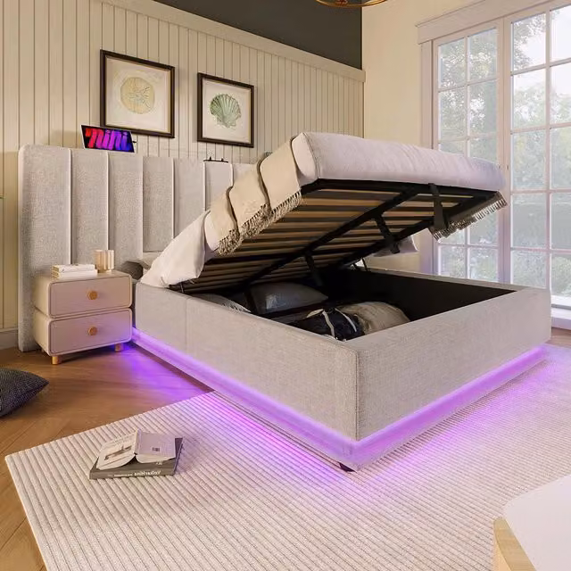 Letto imbottito con LED e USB-C - Xylo - 180??200 cm - Beige