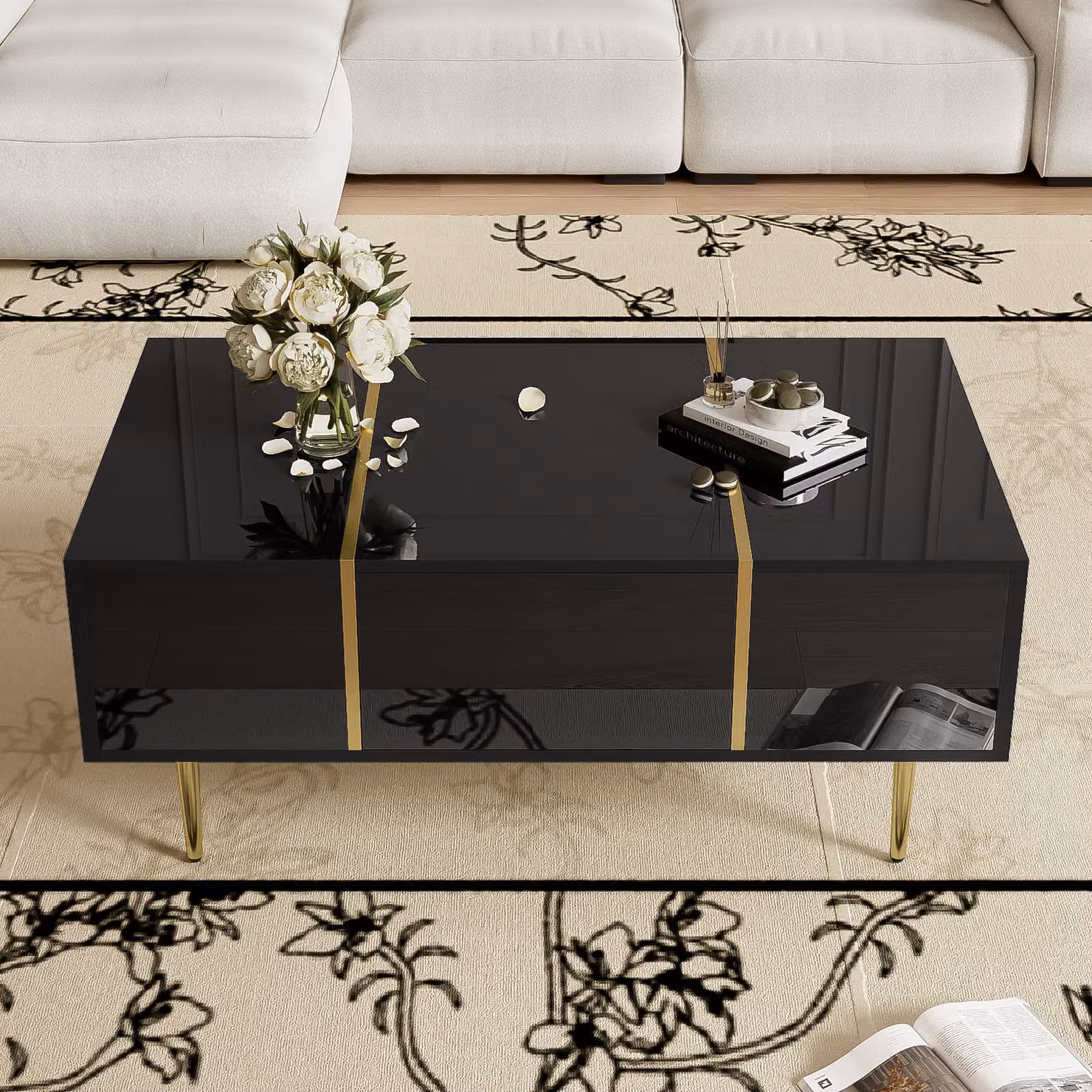 Tavolino Fortuna Lai nero, tavolo da soggiorno lucido, tavolino bianco con 2 cassetti, 100 x 60 x 41,5 cm