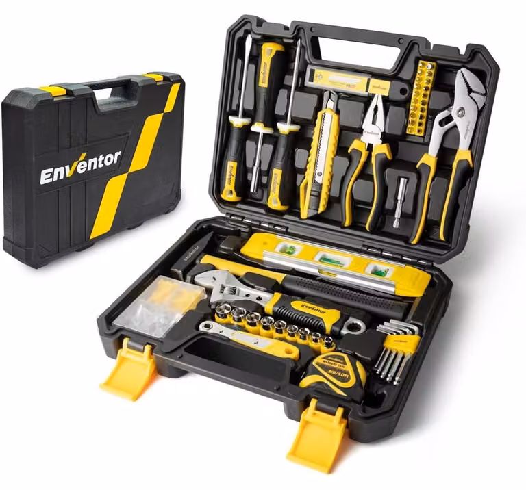 Kit di attrezzi da 158 pezzi per uso domestico, composto da cacciaviti, martello, pinze, chiave a bussola e set di chiavi a bussola, ideale per lavori domestici, fai-da-te, garage e auto. Colore: giallo