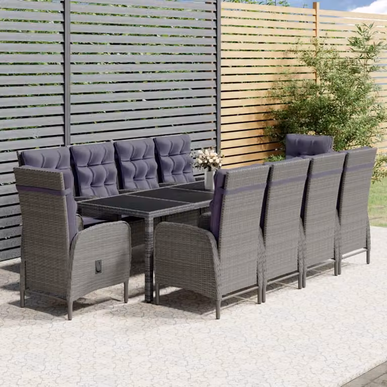 The Living Store 11 pezzi. Set da pranzo da giardino Poly Rattan Grigio