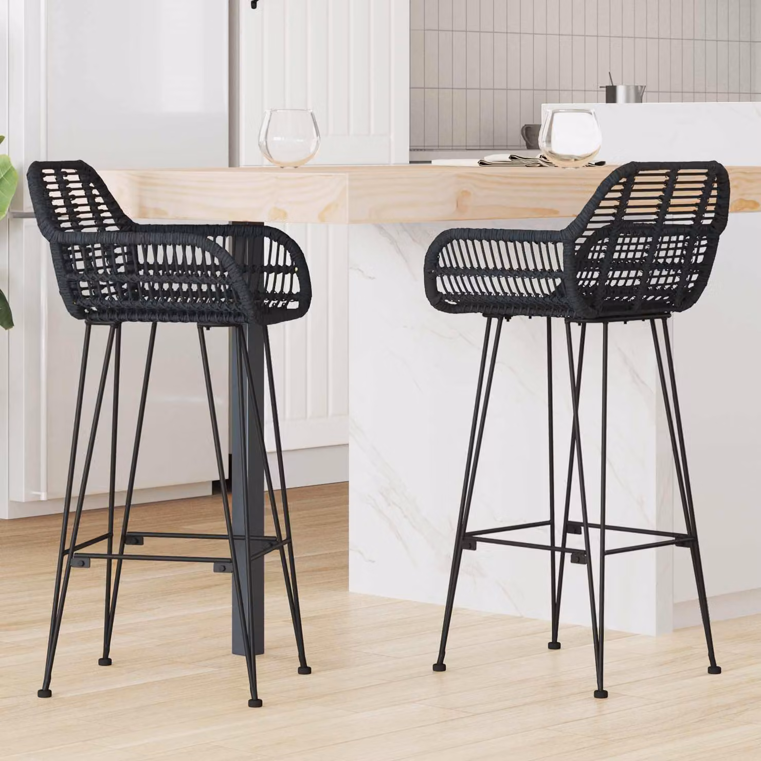 Set di 2 sedie da bar vidaXL in rattan e metallo nero, L: 55 cm, P: 52 cm, H: 105 cm