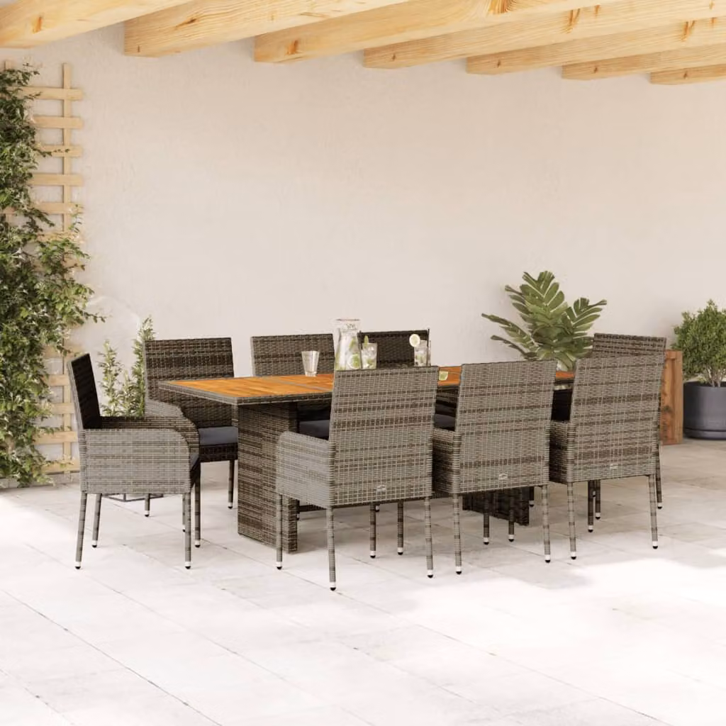Set da pranzo da giardino vidaXL in polyrattan e legno di acacia con cuscini, 9 pezzi, grigio – 1