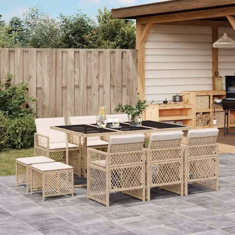 vidaXL Set da Pranzo da Giardino 11 pz in Polyrattan con Cuscini Beige e Bianco e Tavolo in Vetro