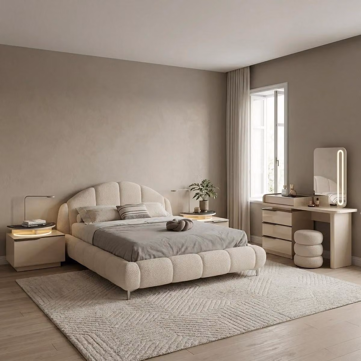 Set per camera da letto: letto, 2 comodini, tavolino da trucco, specchio, pouf, colore beige