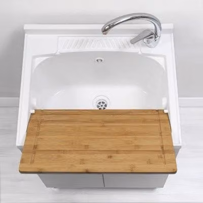 Mobile lavatoio Desya grigio e bianco con vasca in resina e asse lavapanni, L: 59,0 cm, P: 49,5 cm, H: 83,5 cm