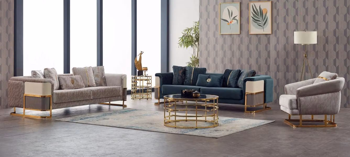 Couchgarnitur Polstersofa Dreisitzer Sessel Beige Couch Stoffsofa 3tlg