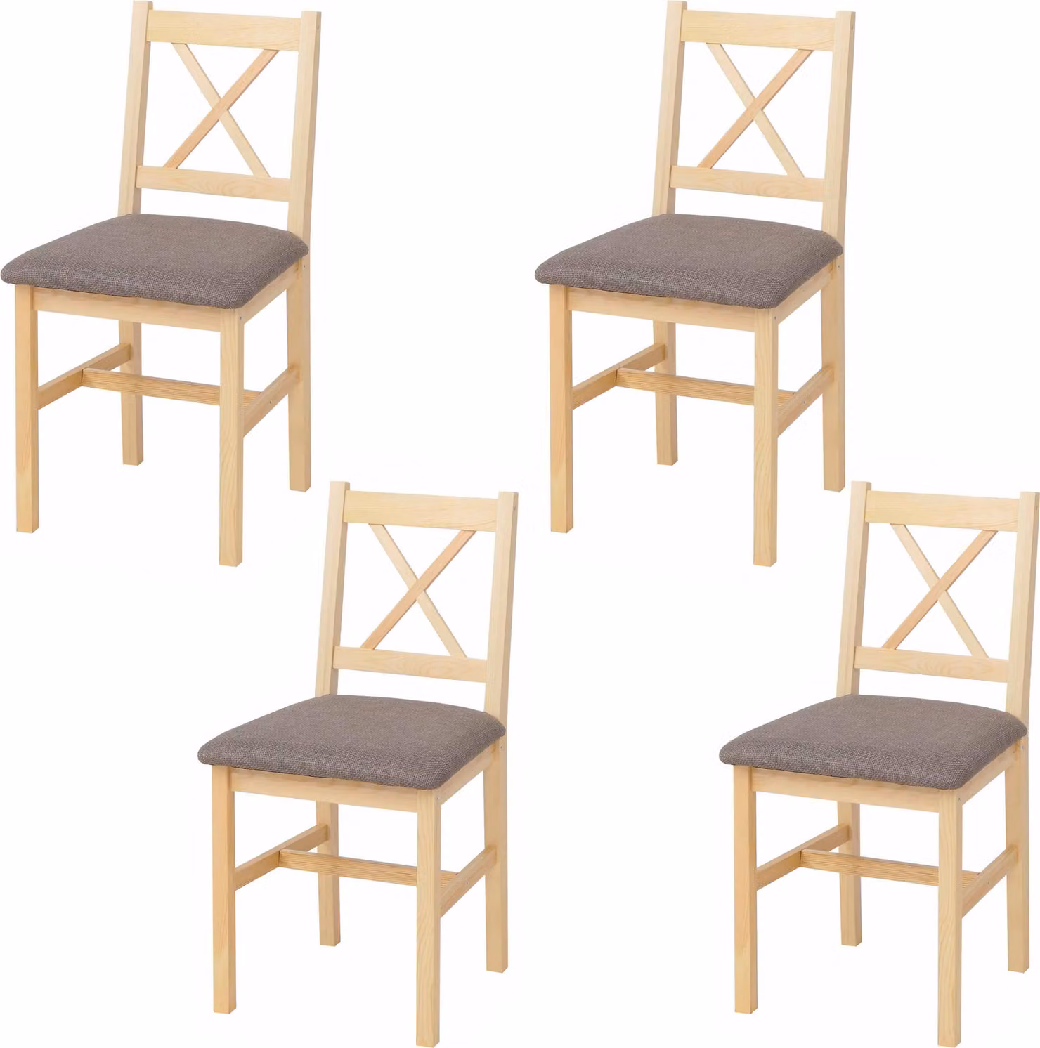 set di 4 sedie per sala da pranzo MCW-F77, poltrona sedia da cucina, legno massiccio tessuto country house ~ naturale, rivestimento grigio
