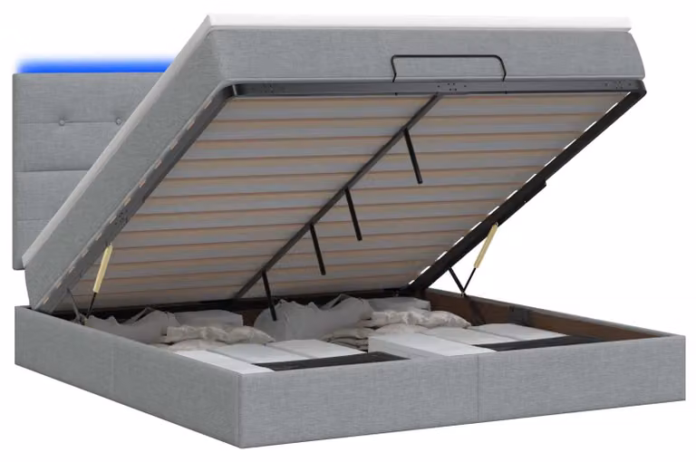 Panca contenitore con materasso e illuminazione LED, grigio chiaro, 180 x 200 cm, tessuto