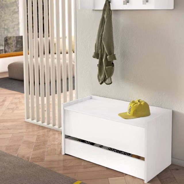 Cassapanca Sogno DMORA, Mobile da ingresso moderno con scarpiera e due contenitori, Bianco, L: 90 cm, P: 40 cm, H: 46 cm – 1