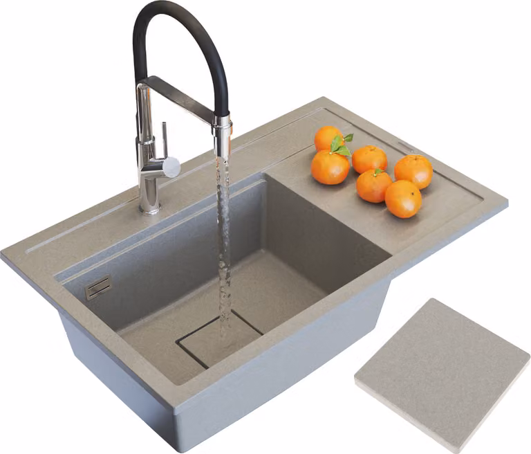 Granitan - Lavello in granito - Lavello da cucina - 80x50x22 cm - Beige - con rubinetteria VASTO e rosetta di scarico - Lavello