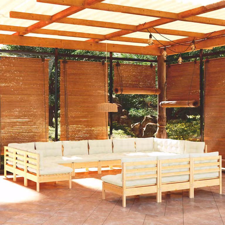 Set di divani da giardino a forma di U vidaXL in legno massello di pino con cuscini beige