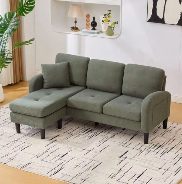 Divano angolare modulare 3 posti con chaise longue reversibile 166 x 118 x 77 cm in velluto a coste verde