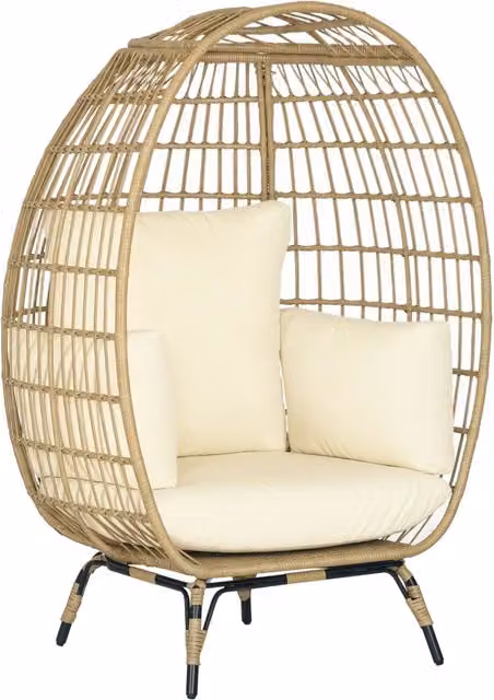 Sedia in Rattan Minimal con Cuscino Khaki e Beige, L: 105 cm, P: 90 cm, H: 148 cm