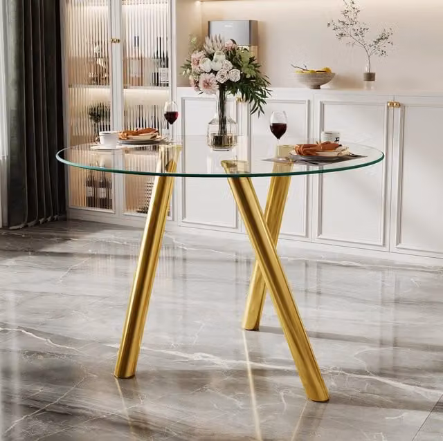 Tavolo da pranzo rotondo 89x89x76 cm oro; vetro temperato e metallo