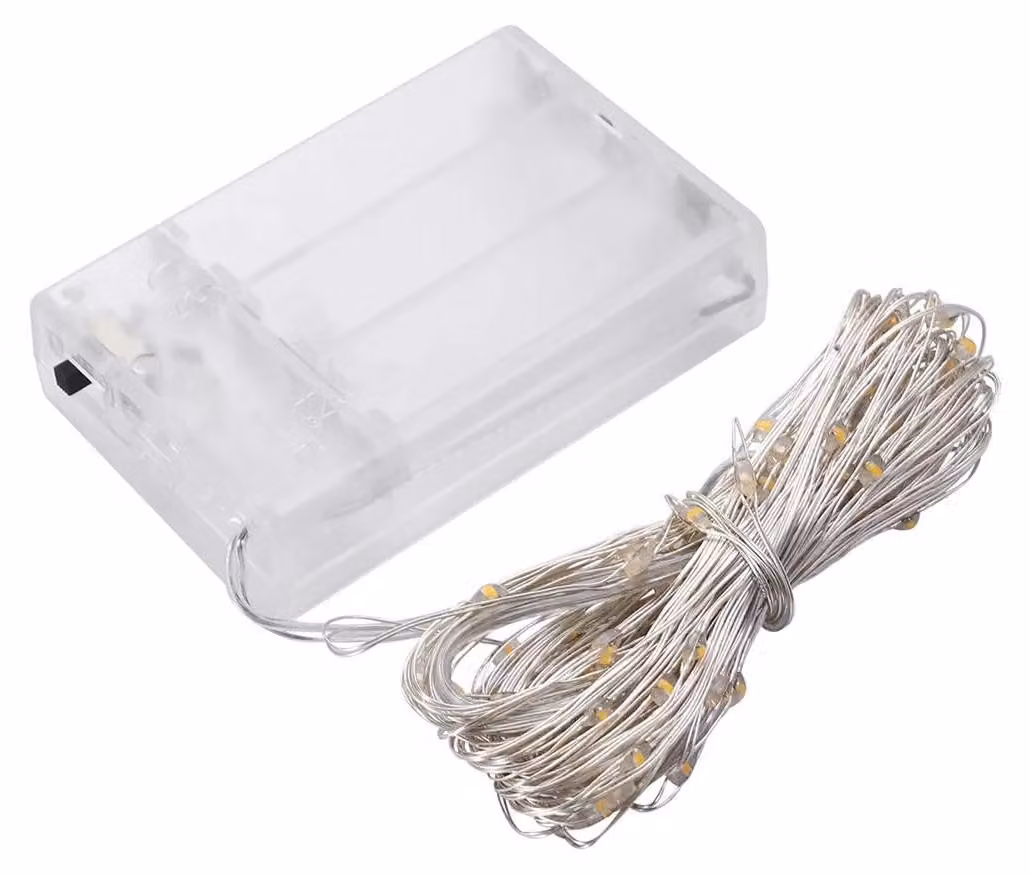 Catena luminosa a LED, 2 metri, luce bianco caldo, con 3 batterie AA, realizzata in PVC/rame