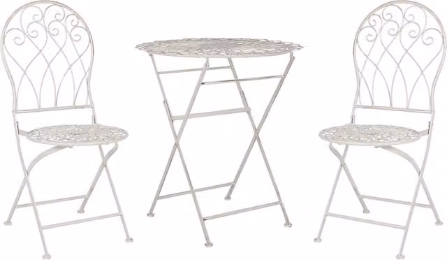 Set da giardino e balcone Beliani composto da tavolo e 2 sedie in metallo bianco con design shabby chic e decoro floreale