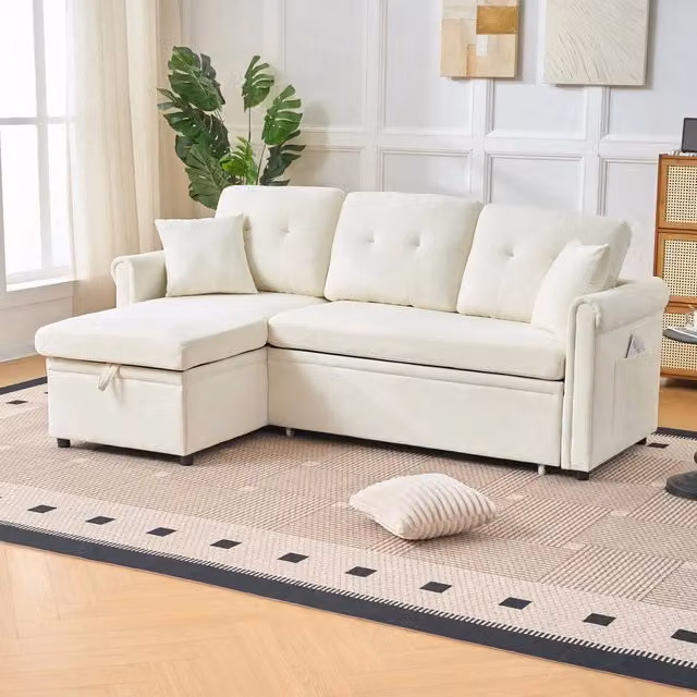 Divano angolare contenitore ¨C Minimal ¨C Beige tessuto chenille L-Form con funzione letto