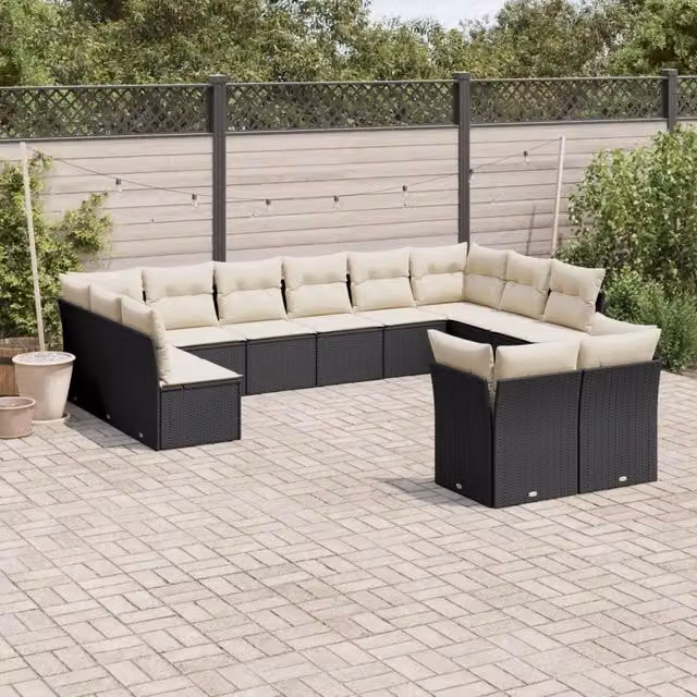 Set di divani da giardino VIDAXL a forma di U in polyrattan nero con cuscini, 12 posti – 1