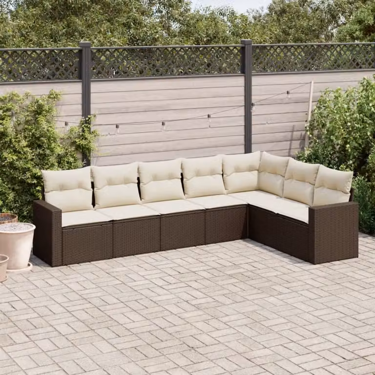 Set Divano da Giardino a L vidaXL 7pz con Cuscini Marrone e Bianco in Polyrattan e Metallo