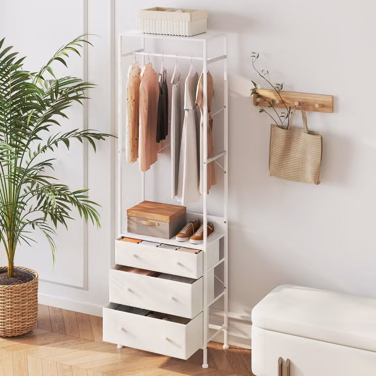 Appendiabiti con cassetti e ripiani Costway bianco per ingresso, armadio autoportante in metallo con asta appendiabiti a 3 posizioni e design minimalista