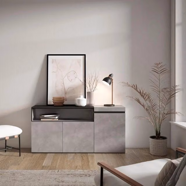 Credenza, Mobile, 150x35x75cm, 3 Porte, grande stoccaggio, grigio cemento RF2491