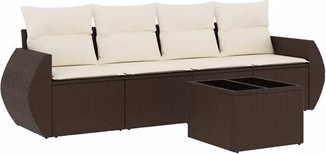 Set Divano da Giardino 5 pz | Set Salotto da Giardino con Cuscini Marrone in Polyrattan