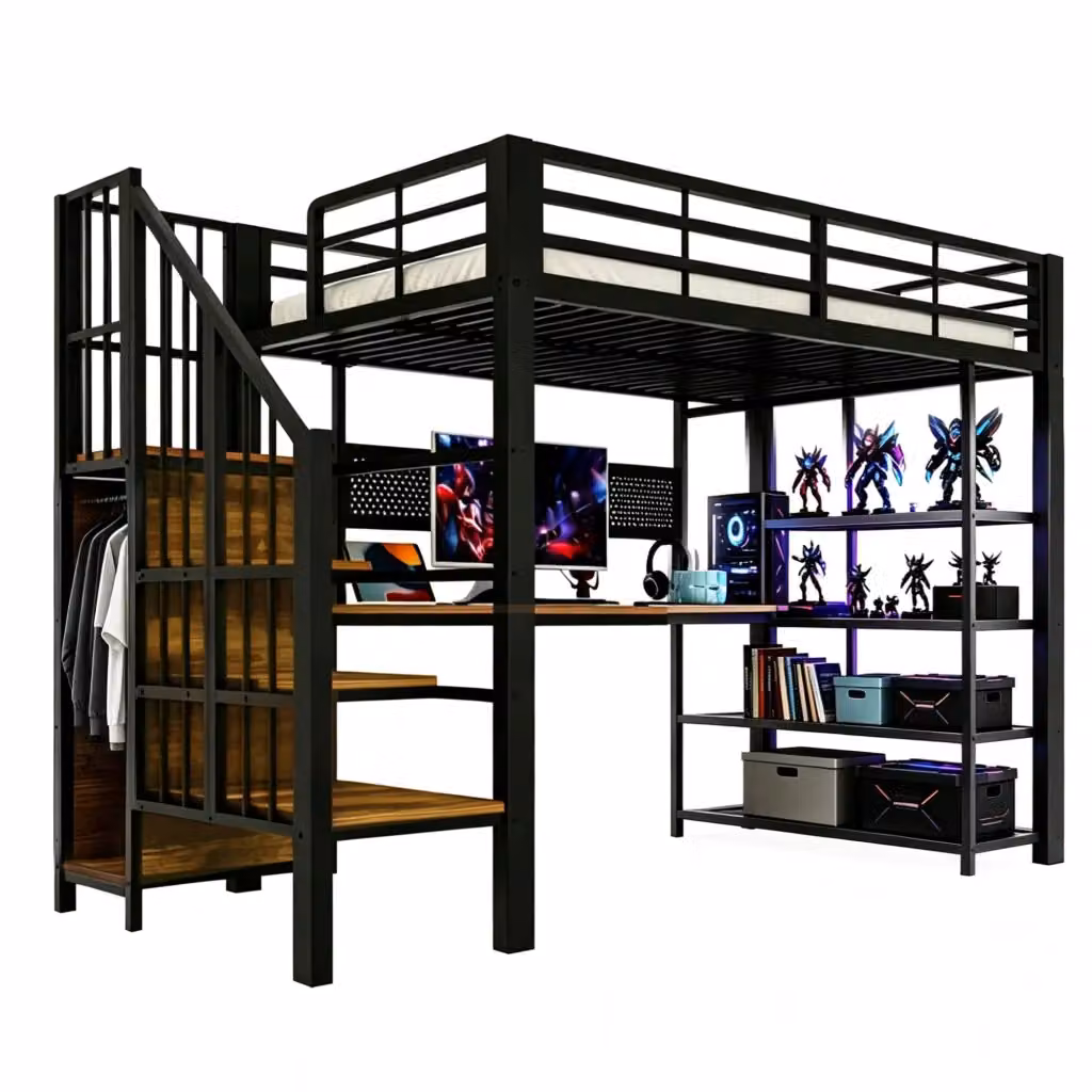 Letto a soppalco singolo moderno in metallo e MDF nero con scala contenitore, ripiani, illuminazione LED e porte USB, L/P: 90 x 200 cm, H: 172,5 cm – 2