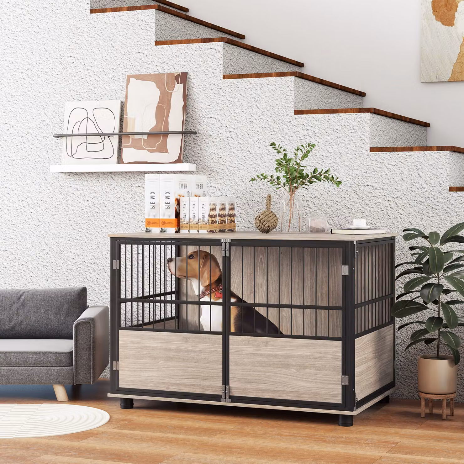 PawHut Gabbia per cane interna con tavolino e nido, 3 porte bloccabili, legno nero L: 100 cm, P: 60 cm, H: 68 cm – 2