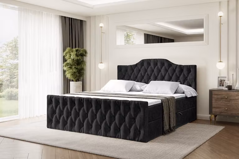 Letto boxspring ALTDECOR con pediera, materasso H4 e topper - 200x200 cm - VILA-1-Z - Velluto nero - Letto imbottito con contenitore e rete a doghe, letto con spazio contenitivo