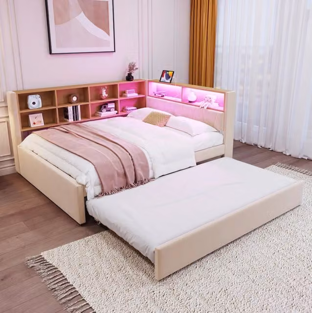 Divano letto con letto estraibile 140x200 + 90x190 cm; LED; USB; Type-C; flanella beige