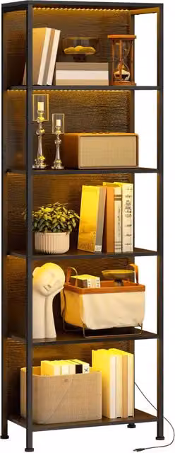 Libreria Industriale XYLO con 5 Ripiani e Luci LED 7 Colori, Colore Nero, L 60 cm x P 30 cm x H 179 cm