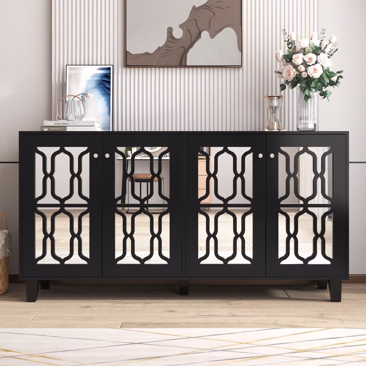 Credenza Merax con 4 ante, 2 ripiani regolabili e frontale a specchio, credenza per soggiorno 160x84x40cm