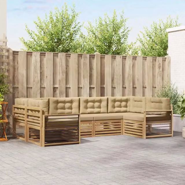 Set di divani da esterno a L vidaXL in legno di acacia con cuscini Bianco e Beige – 1