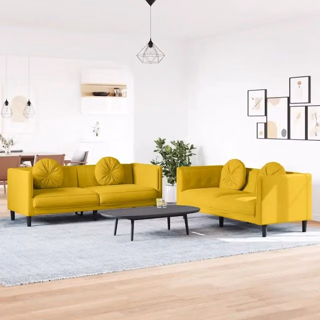 Set di divani 2 pezzi vidaXL in velluto giallo con cuscini, composto da un divano a 2 posti e un divano a 3 posti con struttura in legno massiccio per il tuo soggiorno