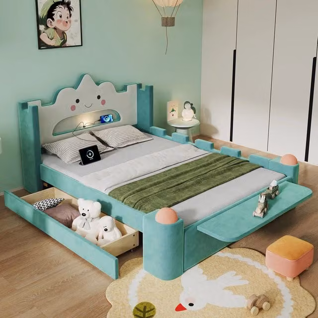 Letto imbottito per bambini con LED ¨C Minimal ¨C Blu-verde velluto 140x200 cm, cassetti, protezione anticaduta