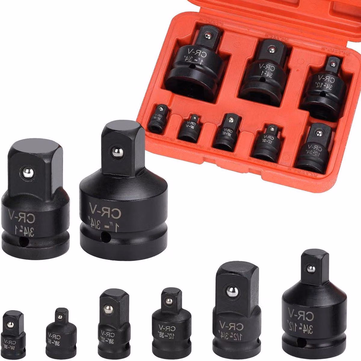 Set di 8 adattatori per diversi formati di cavi: 1/4", 3/8", 1/2", 3/4" e 1", adatti per utensili e lavori di bricolage