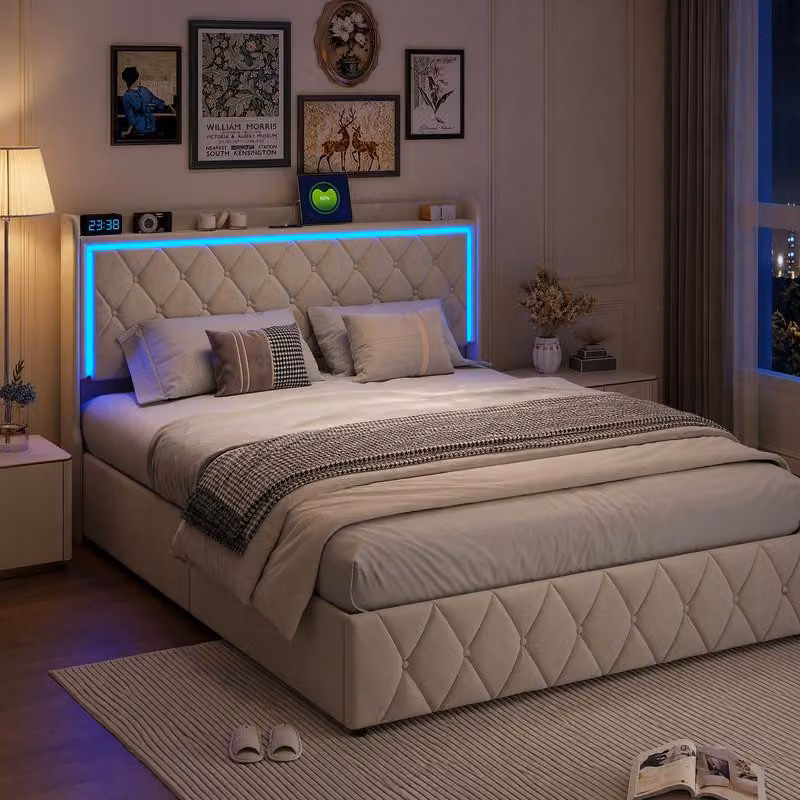 Letto imbottito UnboxG, 160x200 cm, con sistema di sollevamento a gas per lo stoccaggio, testiera LED, rivestimento in velluto, design Chesterfield, rete a doghe, colore beige