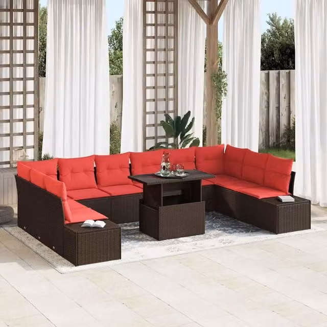 Set Divano da Giardino 11 pz Marrone e Rosso polyrattan 3349260
