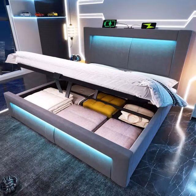 Letto matrimoniale 160 × 200 cm con contenitore, LED regolabili, USB e Type-C, senza materasso, velluto grigio