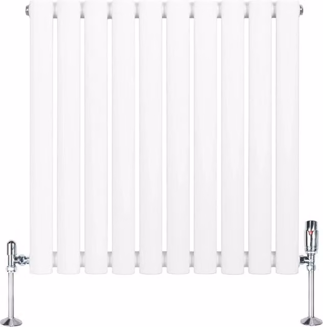 Radiatore Orizzontale Ovale Monstershop in Acciaio Bianco con Valvole Termostatiche e Staffe di Fissaggio L: 60 cm, H: 60 cm, P: 10,5 cm