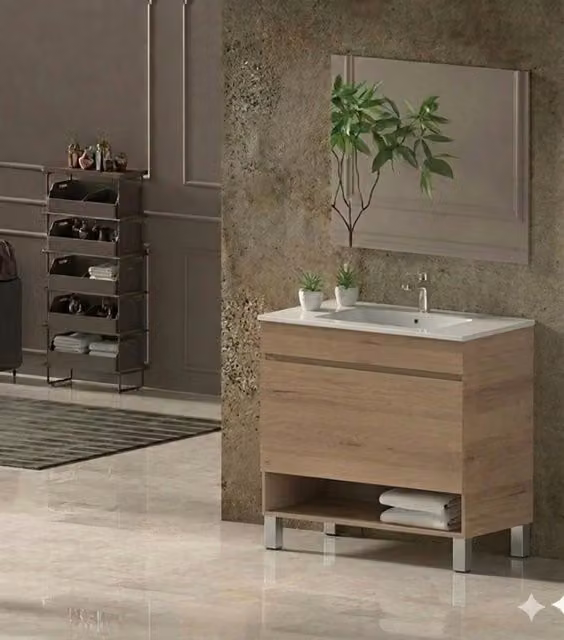 Mobile Bagno NEBARI com gambe Già Montato 1 cassetto, lavabo e specchio Estepa 100x40 cm