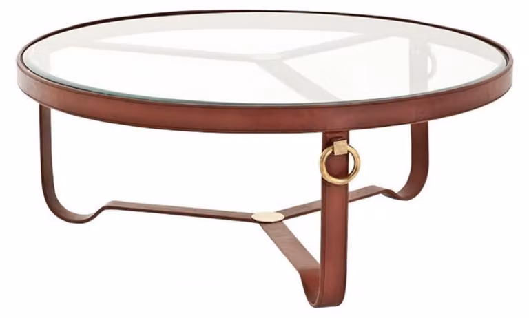 Tavolino da caffè rotondo di design "Casa Padrino", rivestito in vera pelle con applicazioni in ottone, diametro 100 cm, altezza 40 cm