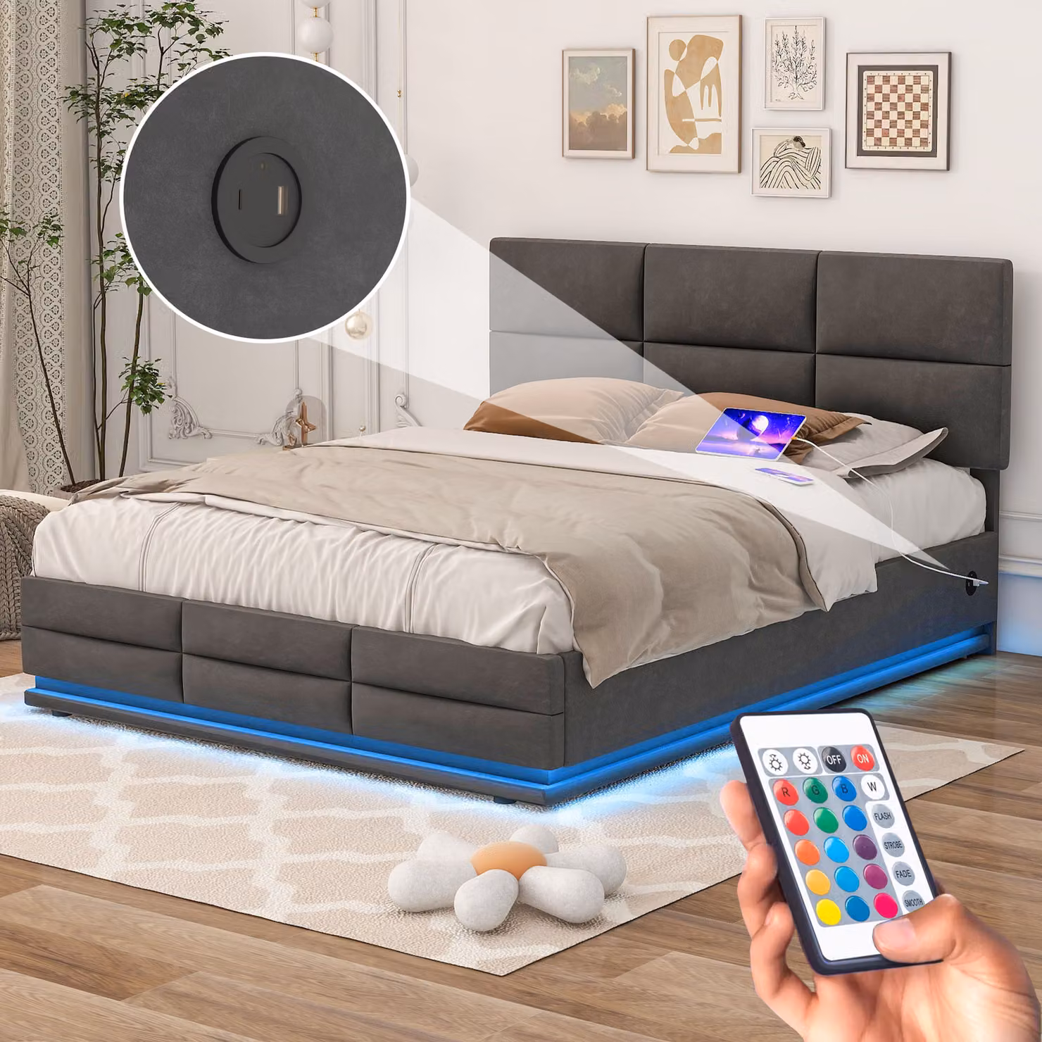 Letto imbottito LVHOM 160x200cm con LED e USB, letto matrimoniale con sistema idraulico, letto contenitore in tessuto vellutato, struttura letto solida, letto a molle, grigio